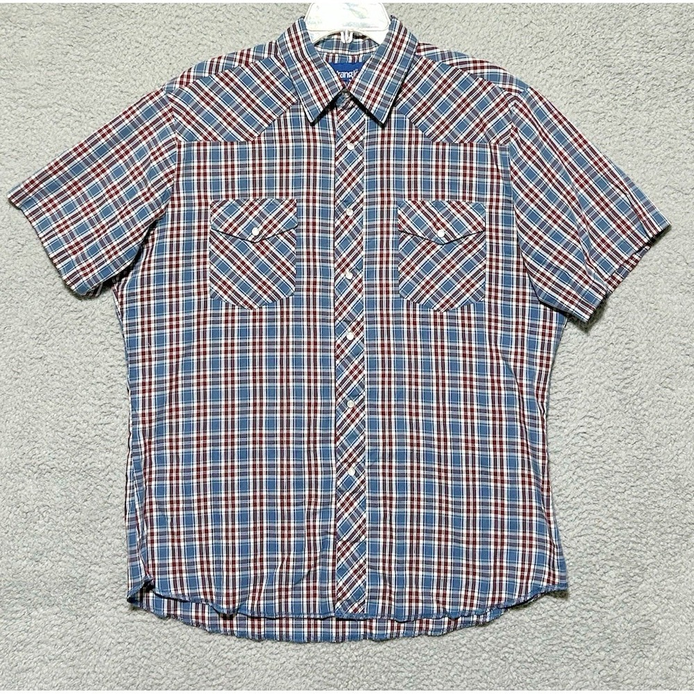 Wrangler Shirt L Short Sleeve Pearl Snap Blue And Red Plaid Western Cowboy